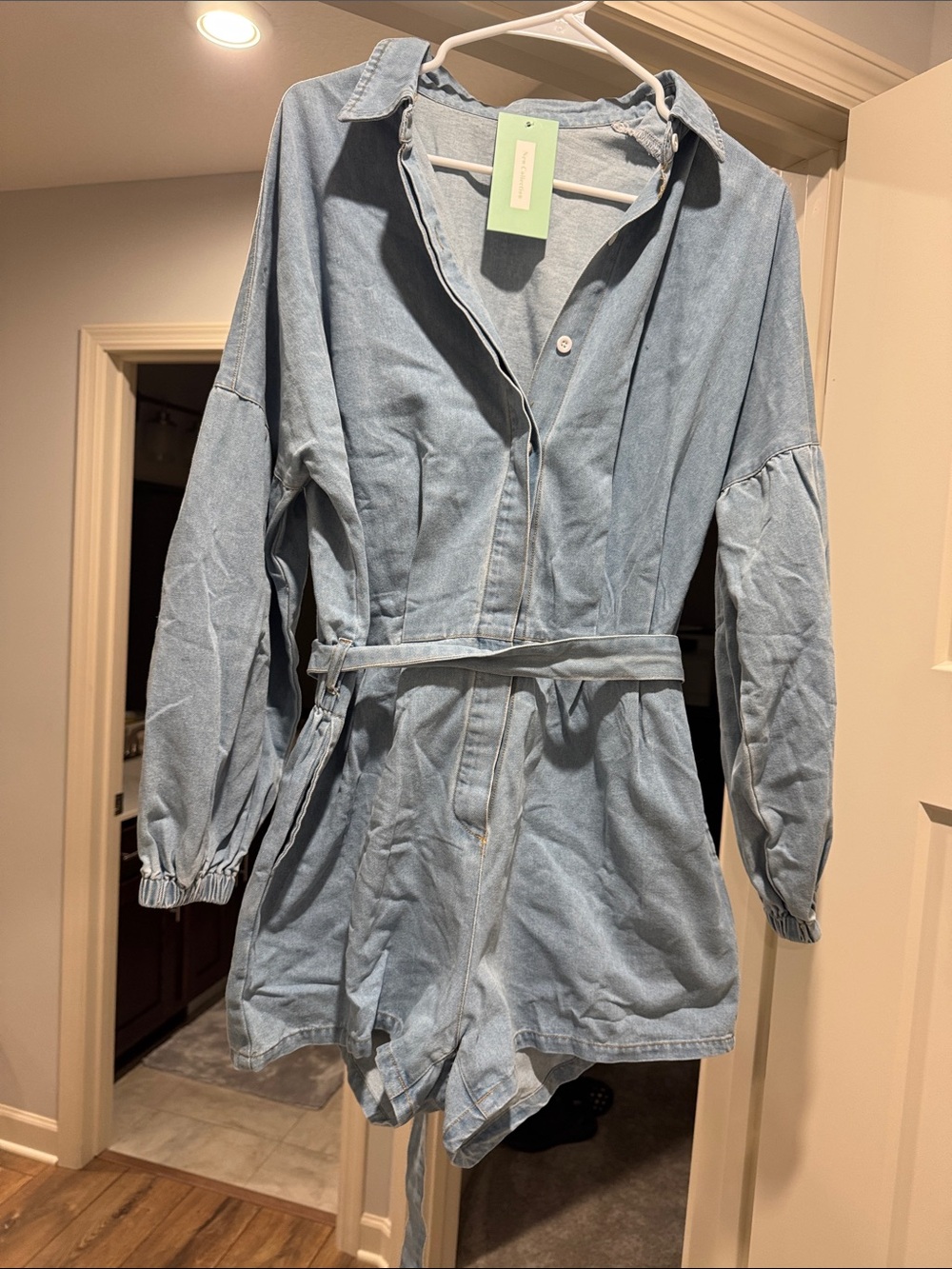 Light Blue Denim Belted Romper for Women